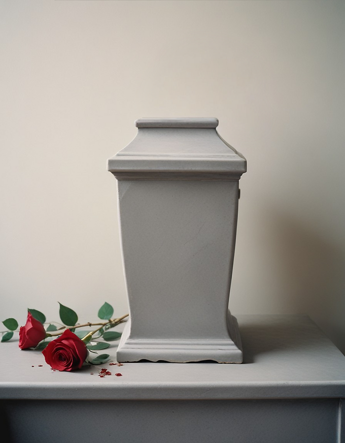 single rose stem next to funeral urn