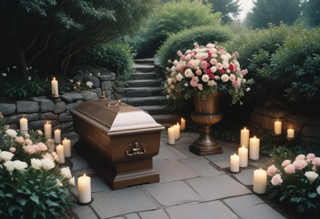 funeral casket within a memory lane at a funeral