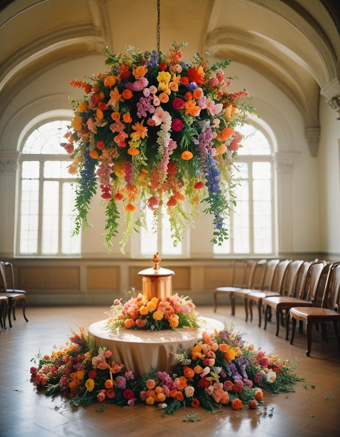 flowers hanging above an urn