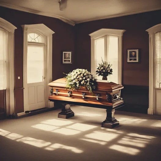 coffin in a room at a wake