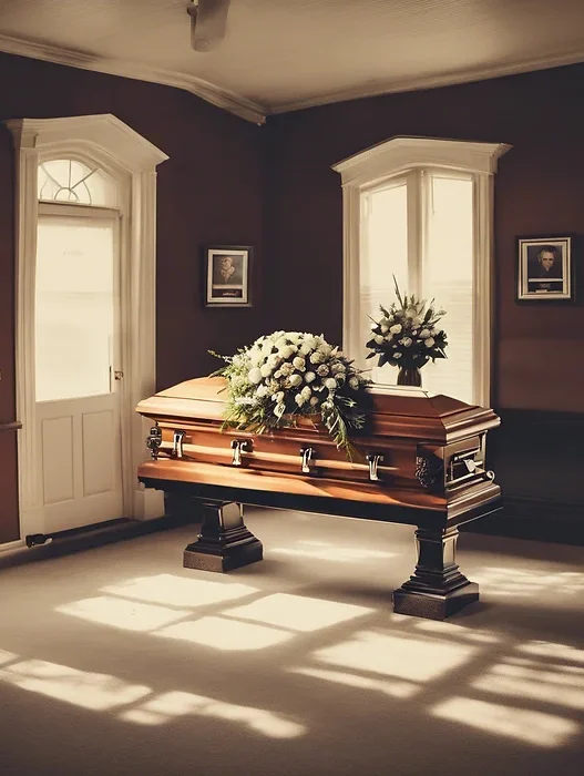 coffin in a room at a wake