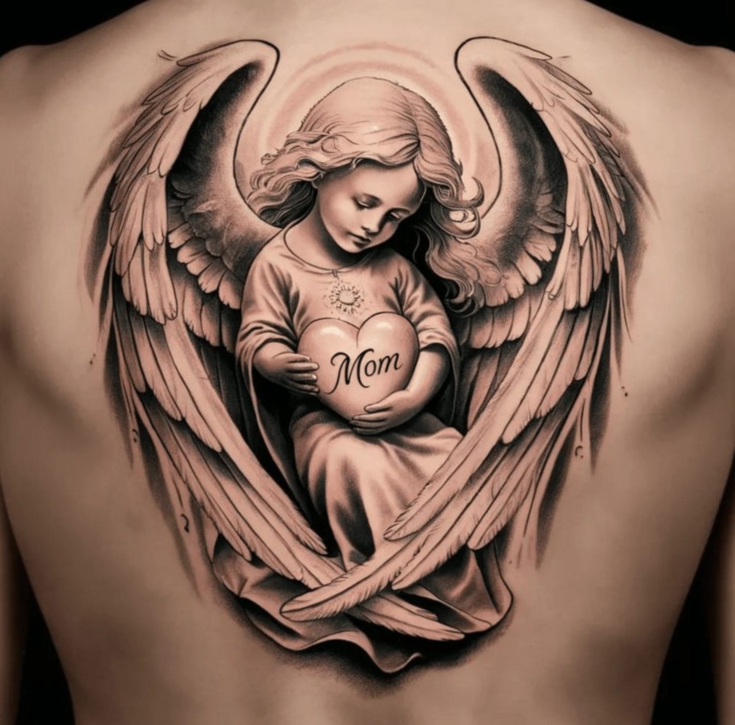 angel holding a heart with the words mom