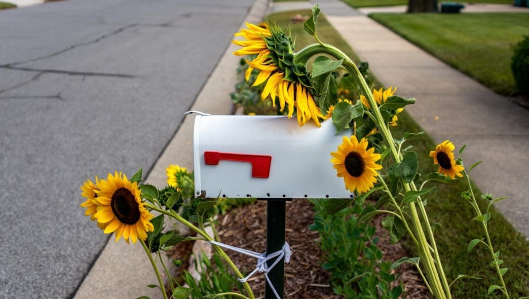 mailbox in the sun with sunflowers