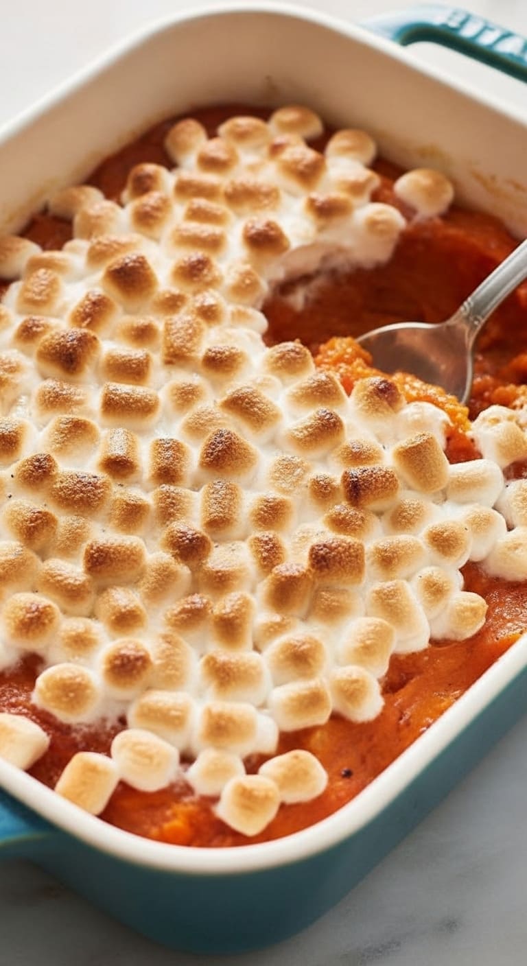 sweet christmas potatoes in a blue cooking dish